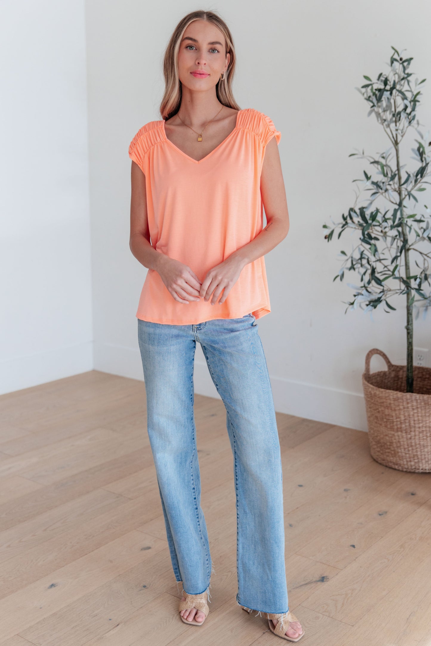 Ruched Cap Sleeve Top in Neon Orange