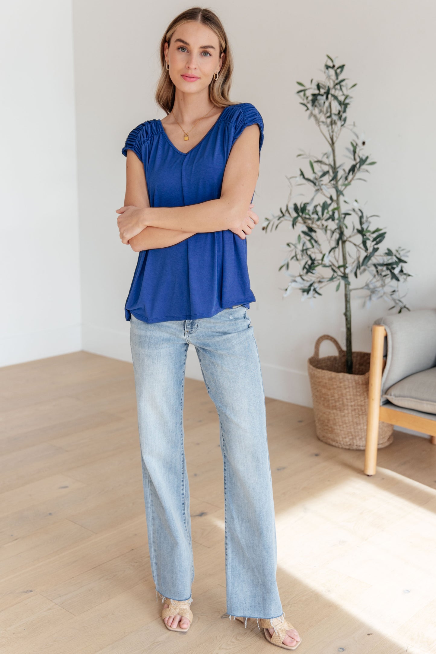 Ruched Cap Sleeve Top in Royal Blue